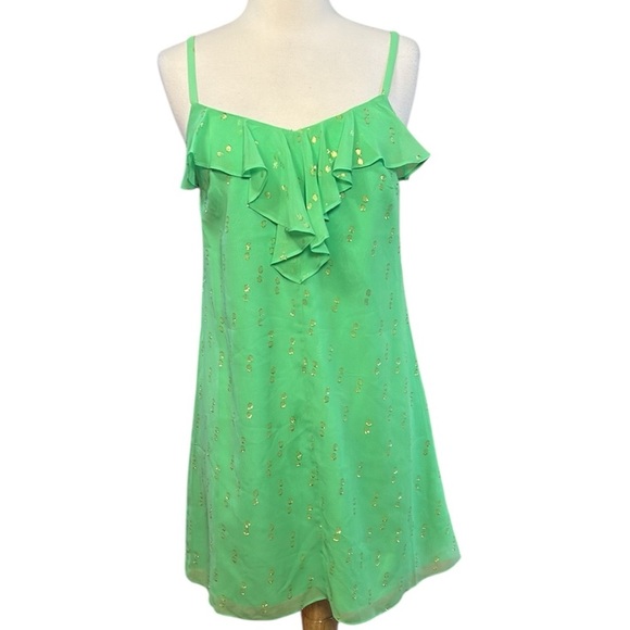Lilly Pulitzer Gianna Silk Strappy Ruffle Bright Green Metallic Gold Dot size XS - Picture 1 of 17